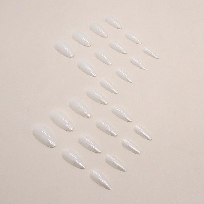 Press on Nails Almond - Medium Fake Nails with Aurora Design - White Full Cover Stick on False Nails - for Women 24 Pcs