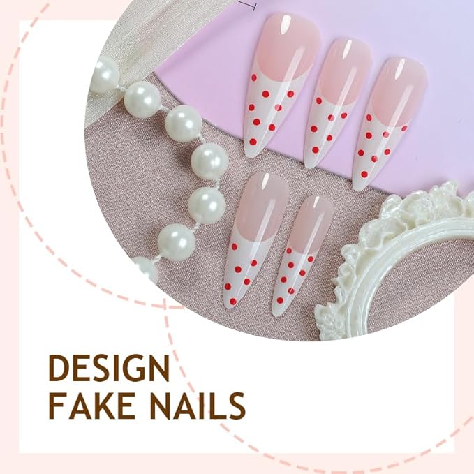 Press On Nails Sharp Coffin - Red Polka Dot Pop Art Fake Nails, Glossy Pink French Tip Artificial Nails for Women, Reusable Adhesive Nail Kit (24 Pcs)
