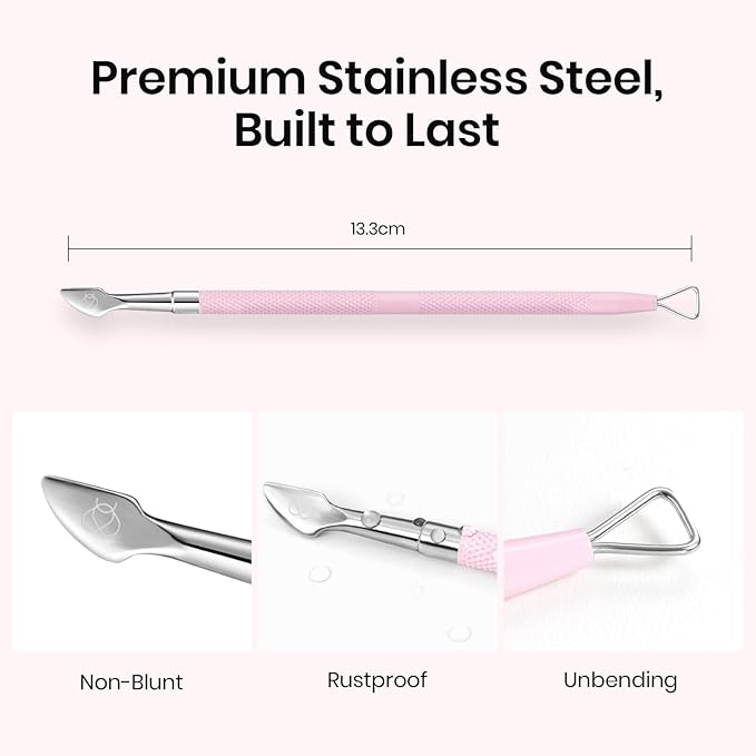 Beetles Gel Nail Remover Tool Dual-end Cuticle Pusher, Triangle End Remove Gel Polish Angled End Clean Crevice Dirt Two in One Tool Dead Skin Nail Scraper Stainless Steel Pink Remover Pusher