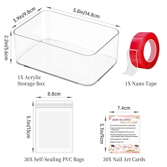 Press On Nail Storage Set,30 PVC Ziplock Bags, 30 Nail Art Cards, a Roll of Transparent Double-Sided Tape and an Acrylic Storage Box