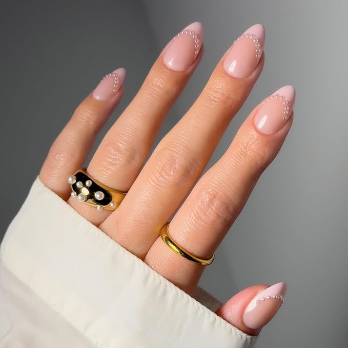 Valentines Day Glamnetic Press On Nails - Pink Me Up | Short Almond Fake Nails in Pastel Pink French Tips with 3D Pearls in a Glossy Finish, Salon Quality Nails | 15 Sizes - 30 Nail Kit with Glue