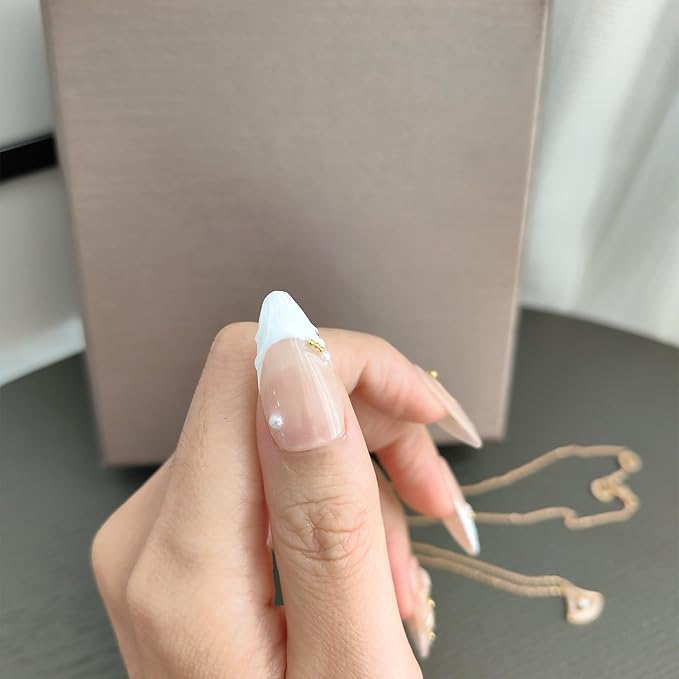 10 Medium Almond Handmade Press On Nails | Romantic Nude Pink French Tip Fake Nails with 3D Floral, Gold Line & Pearl Accents | Easy Apply & Remove, Reusable Salon Quality Nails (5U13, M)