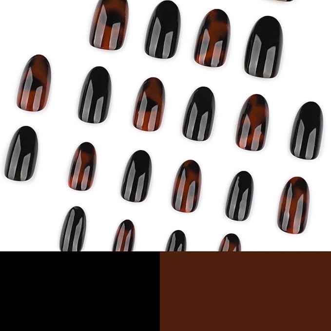 Tortoise Shell Press on Nails - Black Short Almond Nails Fall Winter False Nails Press ons with Design, Glossy Acrylic Full Cover Stick on Nails for Women Manicure 24Pcs