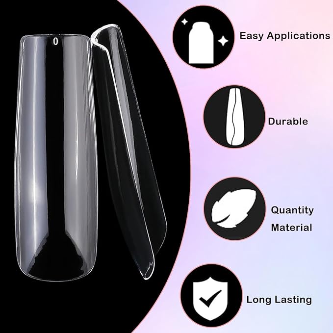 240pc XL Clear Square Acrylic Nail Tips Full Cover Extra Long Square Fake Nails Press on Nail Clear False Nails 10 Sizes Artificial Nails Tip for Gel Nail Extension Fingernails Designs
