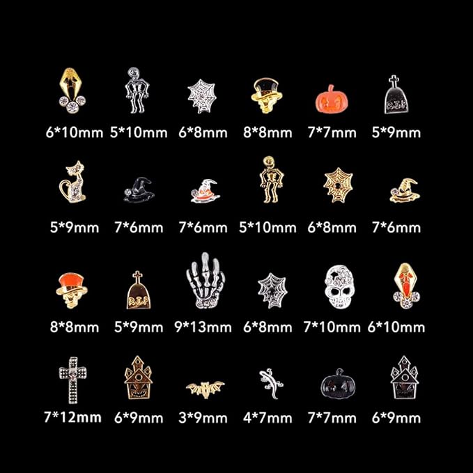Halloween Nail Charms - 24 Styles/Box Metallic Nail Studs & Rhinestones DIY Decorations