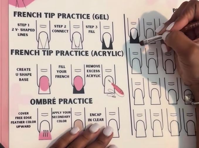 Gel & Acrylic Nail art Practice Sheet,Reusable Nail Art Training mat DIY Sticker Stencil Guide French Tip stiletto Nail Sculpting 3D Nail Design Worksheet Nail Tech Practice Gel X acrylic nails (5)