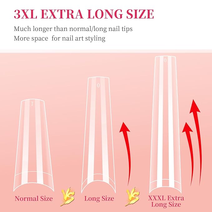 3XL NO C Curve Coffin Nail Tips for Acrylic Nails Professional, 504PCS Clear Extra Long Tapered Square Nail Tip, 12 Sizes Straight Press On Gel Nail Tips for Nail Salons Home DIY