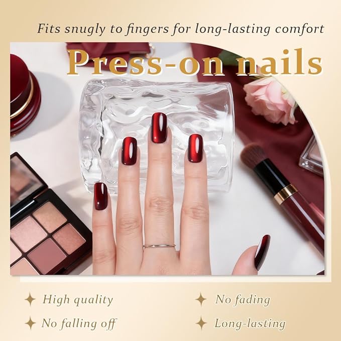 Cat Eye Dark Red Press On Nails Medium Long Length Square, Designer Reusable Acrylic Fake Nail with Glue, Glossy Gel Nails Wedding Party, Stick On Glue On Nail, Nails Press Ons for Women