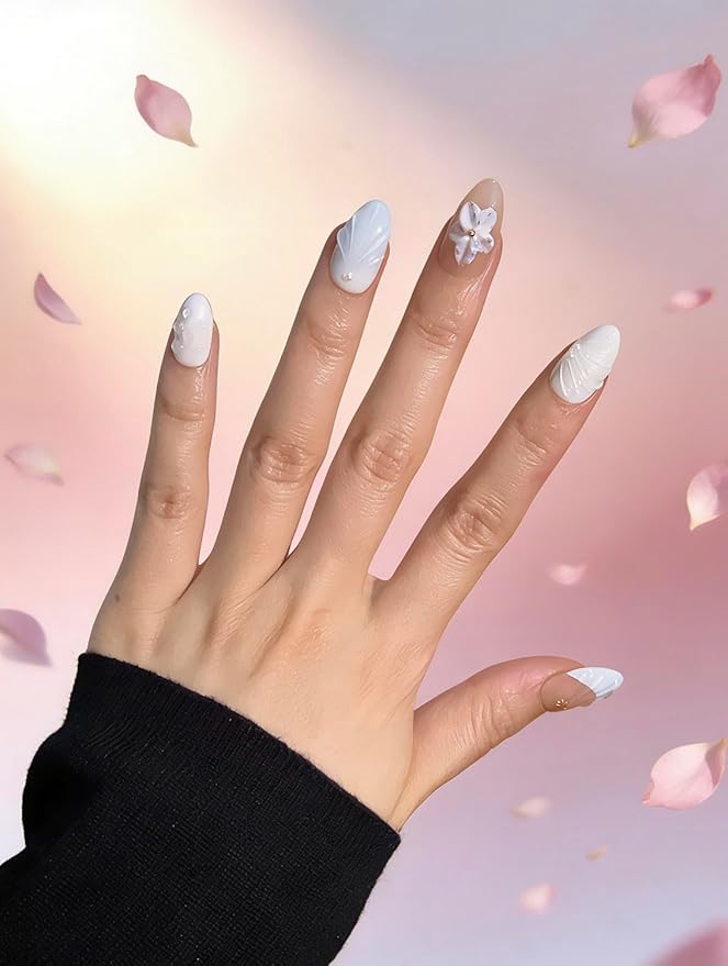 10 Short Almond Handmade Press On Nails | French design with 3D Floral and Seashell | Skip Salon Trips, Easy to Apply & Remove, Reusable (251208, S)