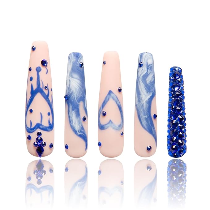 LOVFUL Press on Nails Sapphire Romance | Handmade with Full Covered Crystals | Reusable Full Cover Nails | Coffin Long 2.2 in | H249-L