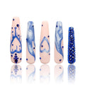 LOVFUL Press on Nails Sapphire Romance | Handmade with Full Covered Crystals | Reusable Full Cover Nails | Coffin Long 2.2 in | H249-L