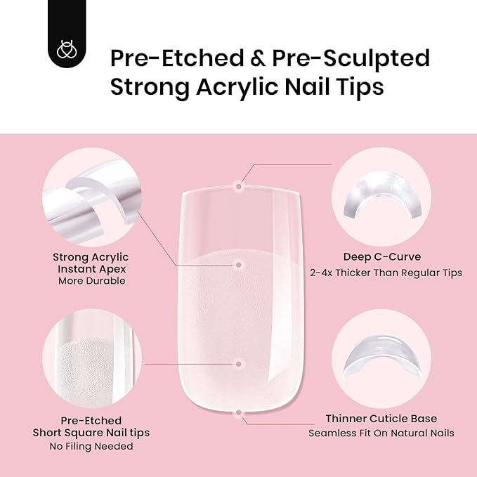 Beetles Tipex Instant Apex Nail Tips, 512Pcs Short Square Upgraded Pre-building Pre-Etched Half Matte Gel Nail Tips, 16 Sizes Thicker Acrylic Nail Strong Nail Extension