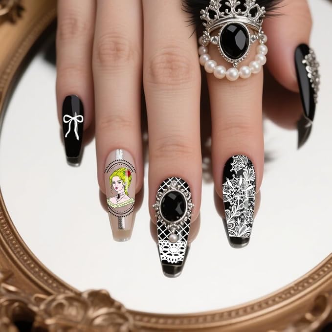 PH PandaHall 3pcs Retro Lady Portrait Nail Stamp Plates Bow Tie Nail Arts Templates Lace Ribbon Nails Art Stencils Vintage Style Nails Image Plates for Women DIY Manicures Salon Design Printing