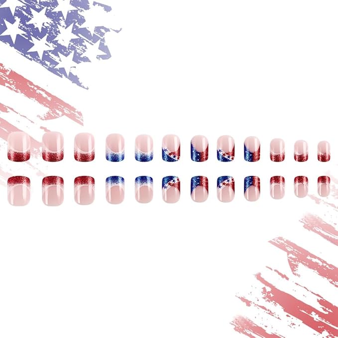 Independence Day French Tip Press on Nails Short Square Fake Nails with Blue and Red Glitter Designs Stripe French False Nails Five-Pointed Star Stick on Nails for Women 4th of July