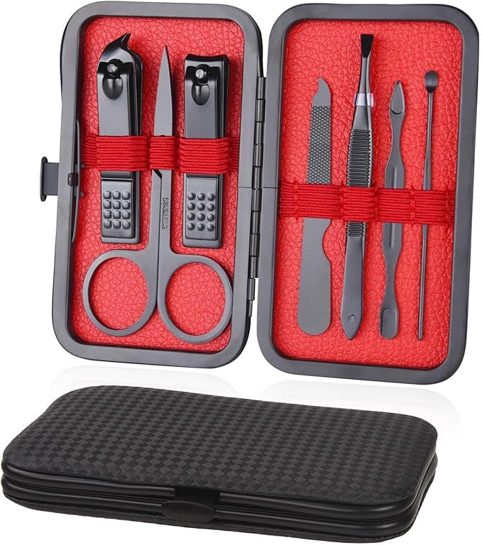 AOMIG Nail Clipper Set 7 pcs Manicure Pedicure Nail Care Kit with Luxurious Leather Case Fingernail Toenail Clippers Portable Stainless Steel Ear Pick Eyebrow Scissors Fingernail File Tweezer Kit
