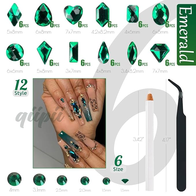 2052Pcs Emerald Green Nail Art Rhinestones Kit Green Nail Charms Multi Shapes Crystal Flatback Rhinestones Big Gems + Round Beads Glass Stones Diamonds jewels for Nails Faces Eyes Makeup Crafts
