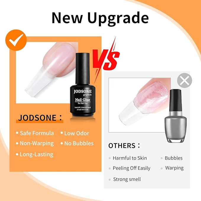 JODSONE 2PCS 15ML Nail Glue Gel for False Nail Tips for Long Lasting Extension Nail Glue and Clear Press On Nails Rhinestone Nail Repair Treatment,Home Salon UV Nail Light Cured