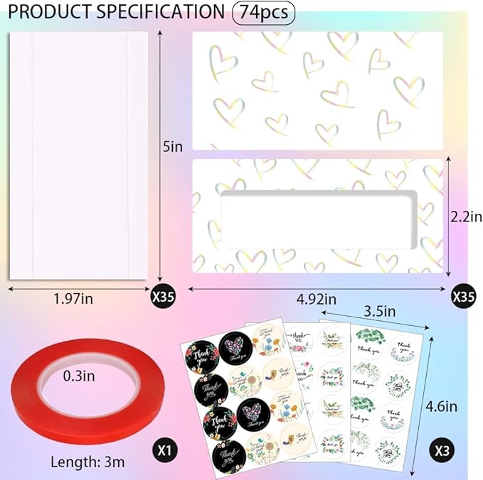 74PCS Press on Nails Packaging Box Set Includes 35PCS Empty Nail Package Box 35PCS White Background Paper 1 Double Sided Tape and 3 Thank You Stickers for Press on Nail Business