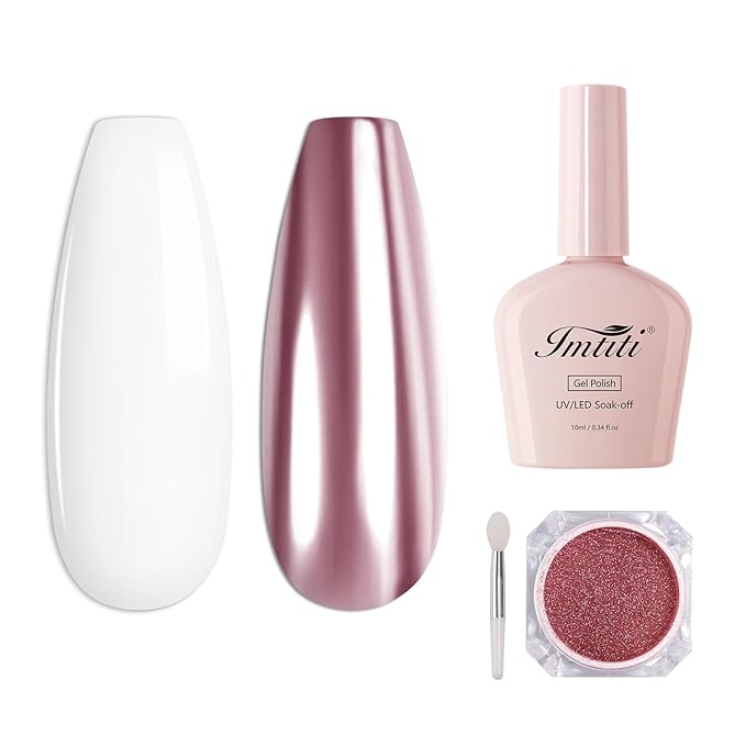 Imtiti Rose Gold Chrome Nail Powder Kit,1g Pink Meatllic Mirror Effect Powder with 10ml White Color Gel Polish Metal Nail UV DIY Kit