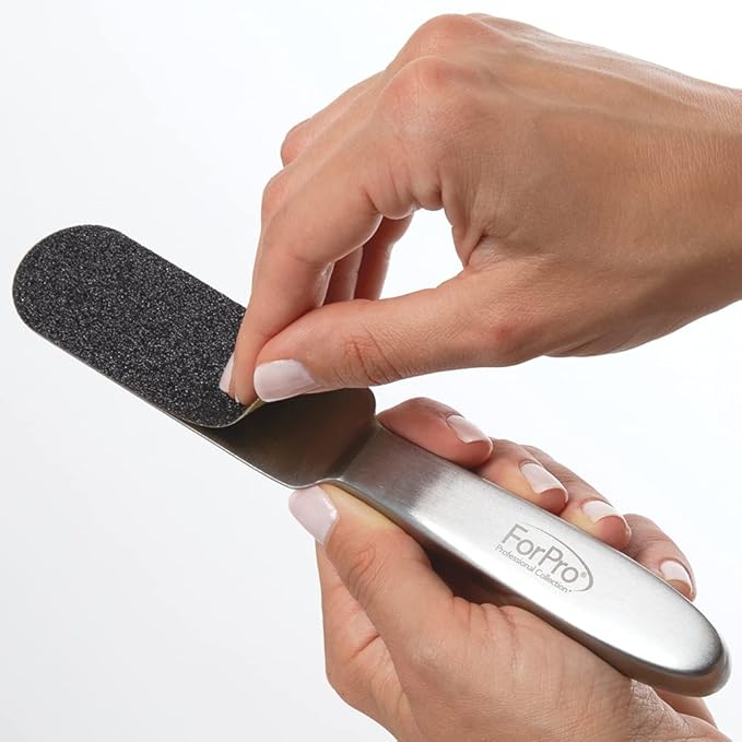 ForPro Professional Collection Stainless Steel Pedi File Kit - 100% Sanitizable Pedicure File for Heels and Feet - Includes Six Black 80 Grit and Six White 180 Grit Refill Strips- 8.5" L