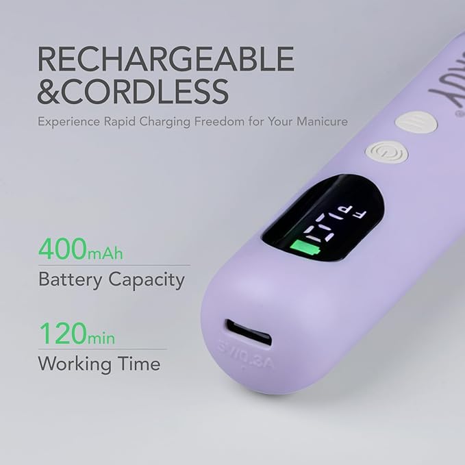 GAOY Cordless Electric Nail File, Nail Drill with LED Display for Acrylic Gel Nails, Hand Feet Trimmer Buffer Tool, Violet Purple