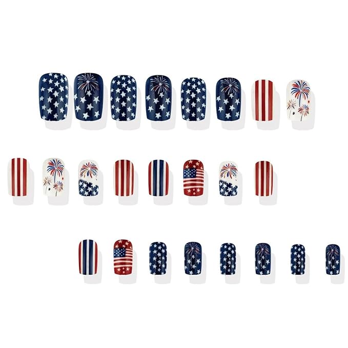 4th of July Press on Nails Medium Square Flag Fake Nails False Nails with Designs Stars Fireworks Full Cover Glossy Glue on Nails Blue Red White Acrylic Nails for Women Girls 24 Pcs