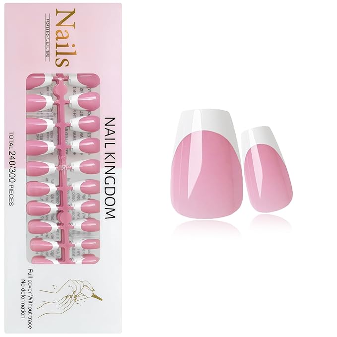 240PC White French Tip Press on Nails Short Fake Nails Press ons with 5*Adhesive Tabs, Pink Coffin Acrylic Nail Press on Nail French Tip Nails False Artificial Fingernails Stick on Nails-B