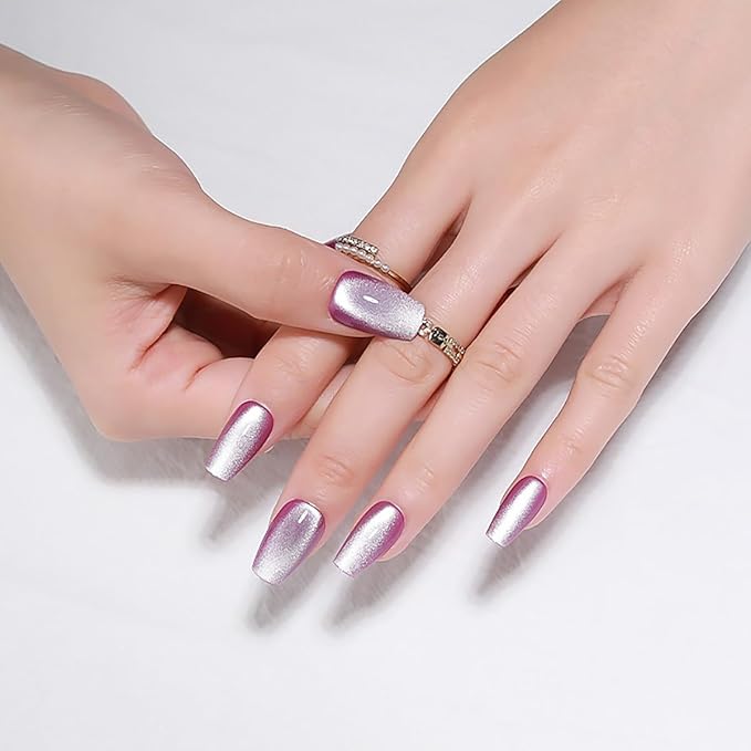 Fall Purple Medium Press On Nails, Cat Eye Coffin Press On Nails, Crystal Glow Design, Ice Glossy Gel Purple Fake Nails, Reusable Acrylic Stick On Nails for Women, Moonlit Amethyst