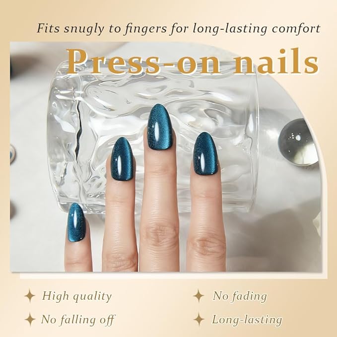 evpct Dark Blue Press on Nails Almond Short, Sapphire Blue Cat Eye Glitter Holographic Press on Nails, Soft Gel Press Stick on Nail with Nail Kit, Full Cover, 30Pcs Reusable Acrylic Fake Nails Kit