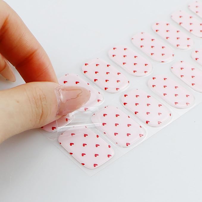 JMEOWIO Gel Nail Stickers Valentines Day Red Heart Semi Cured Gel Nail Strips Wraps UV/LED Nails Art Design Decoration Accessories