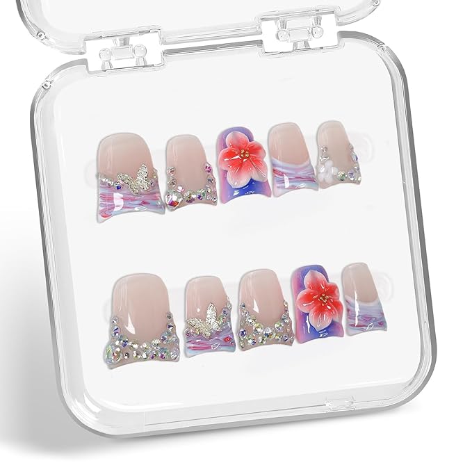 Duck Handmade Press on Nails Colorful Rhinestone & Butterfly Designs 3D Luxury Gradient Flower False Nails Muti-Layer Gel Acrylic Nail Full Cover Short French Tip Fake Nails for Women（S)