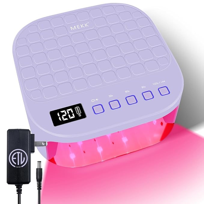 MEKK Cordless UV LED Nail Lamp, 54W UV Light for Gel Nails with Hand-Friendly Red Light, Auto Sensor Professional Flash Cure Lamp with Rotatable LCD Display for Salon and Home, Checkered Design-Purple