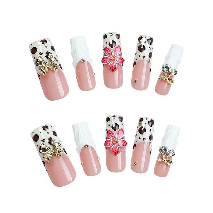 White French Tip Press on Nails Handmade Press on Nails 3D Flower and Rhinestones Bow Embossed Designs Long Coffin Spring Summer Fake Nails Muti-Layer Gel False Nails for Women Nails DIY (Size S)