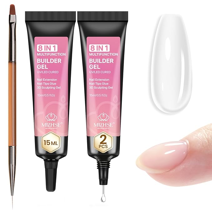 MIZHSE 8 in 1 Builder Gel for Nails, 2Pcs Clear Hard Builder Gel for Nails Strengthen Thickening Tip Design Rhinestone Nail Glue U V LED Extension Gels Kit for Nail Art Design