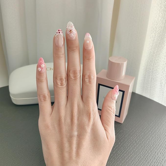 10Pcs Short Almond Handmade Press On Nails | Pink Ombre with Seashell, 3D Floral & Pearl Decor | Reusable Salon-Quality Fake Nails for Women and Girls (PZ01, S)