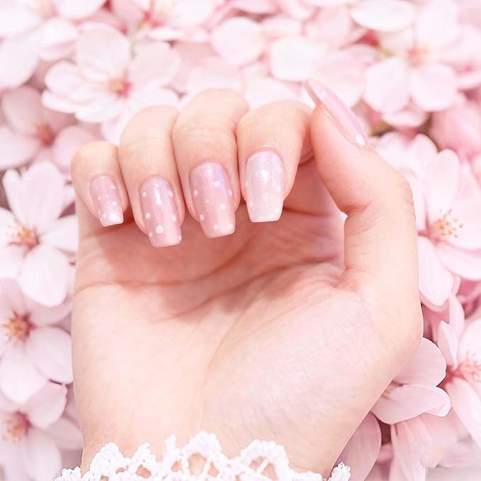 Polka Dot Semi Cured Gel Nail Strips - Pink Ombre Nails with White Dots, DIY Nail Art Kit, Salon Quality at Home Manicure, 20PCS Long Lasting Gel Nail Polish Strips