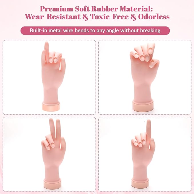 Practice Hand for Acrylic Nails Flexible Bending Nail Practice Hand Training Fake Hand Nail Hand Practice Tools with 100PCS Nail Tips, 120PCS Jelly Double Sided Nail Adhesives and 9PCS Brush