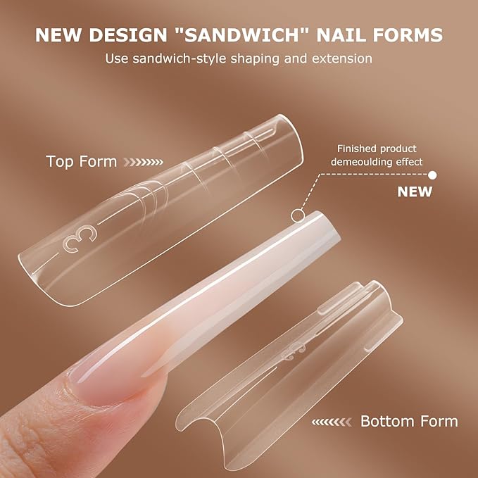 Sandwich Nails Dual Forms,280Pcs Reusable Nail Extension Forms with Silicone Polygel Stick,Easy Demolding & Intuitive Operation for DIY & Professional Use