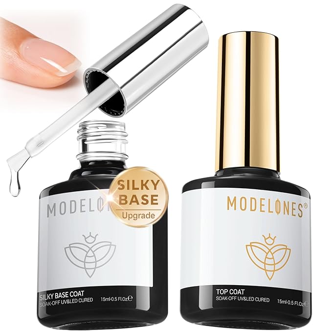 modelones Gel Nail Polish Top Base Coat Set, 15 ML Upgrade Silky Base and Extra Glossy Top Coat Clear No Wipe High Shine Gel Polish Soak Off U V LED Nail Art Home DIY Manicure Gift for Women Beginner