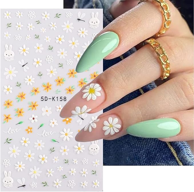 5D Embossed Flower Nail Art Stickers, 6 Sheets Self-Adhesive Nail Sticker Decals,Luxury Hollow Exquisite Pattern Spring Daisy Leaf Butterfly Lace Carving Design for Salon Home Acrylic Nail Decoration