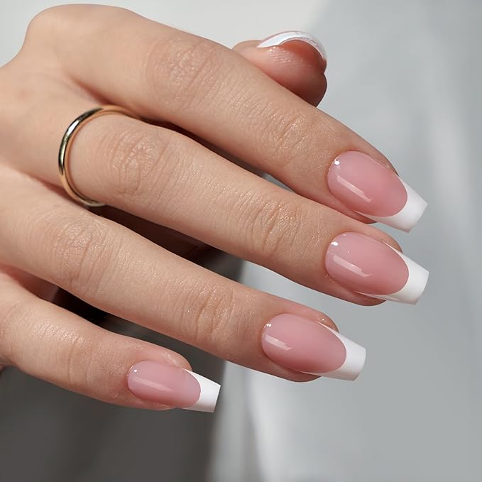 BTArtboxnails XCOATTIPS French Tip Press on Nails - Short Coffin Nail Tips with Nail Gel, Air-Dry Nail Gl ue, French Protecing Duo, Nail Lamp, All in One Soft Gel Fake Nail Gel Extension Kit