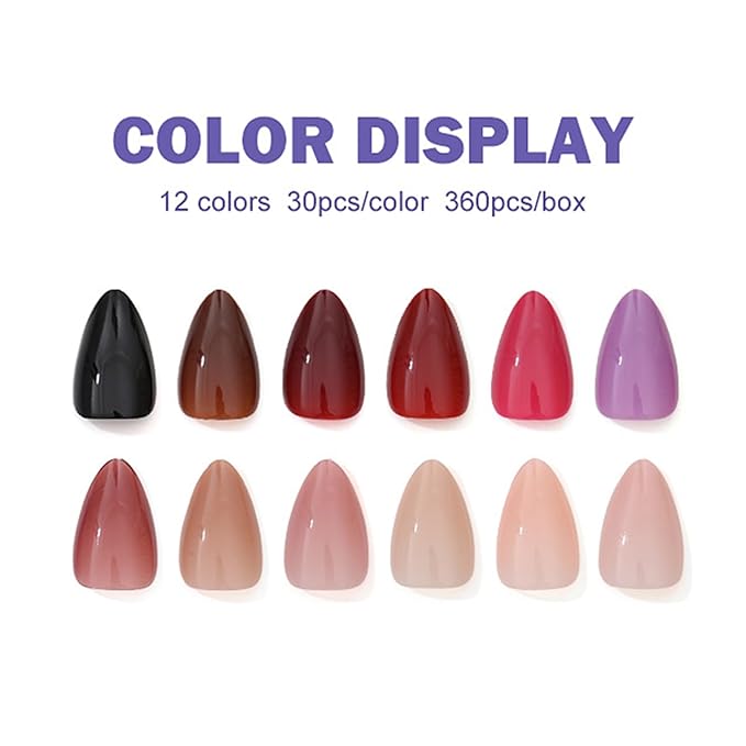 12Packs 360Pcs Almond Nail Tips Short Almond Press on Nails Solid Color False Nail Tips Glossy Acrylic Fake Nails Press on Pure Nail Art for Women Girls Daily Wear Manicure 15 Size - 12 Colors