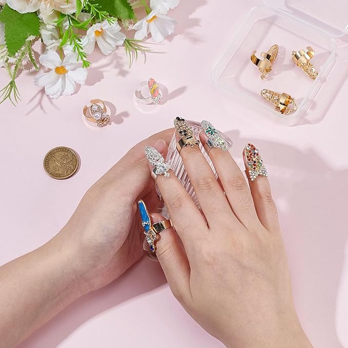 10Pcs Fingernail Rings with Acrylic Rhinestone 10 Styles Alloy Nail Cover Ring Multi-Style Opening Crown Bowknot Fingertip Nail Rings Halloween Christmas Loop Bow Tip Decoration