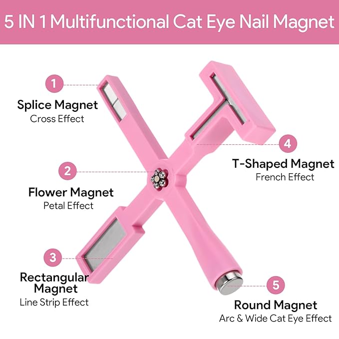 5 Pcs Cat Eye Magnet for Nails Polish, 3-in-1 Nail Art Magnet Pen set Magnetic Cat Eye Gel Nail Polish Accessories Art Design Kit Tools, Multifunctional Magnet for Cat Eye Gel Polish Set for Home Pink