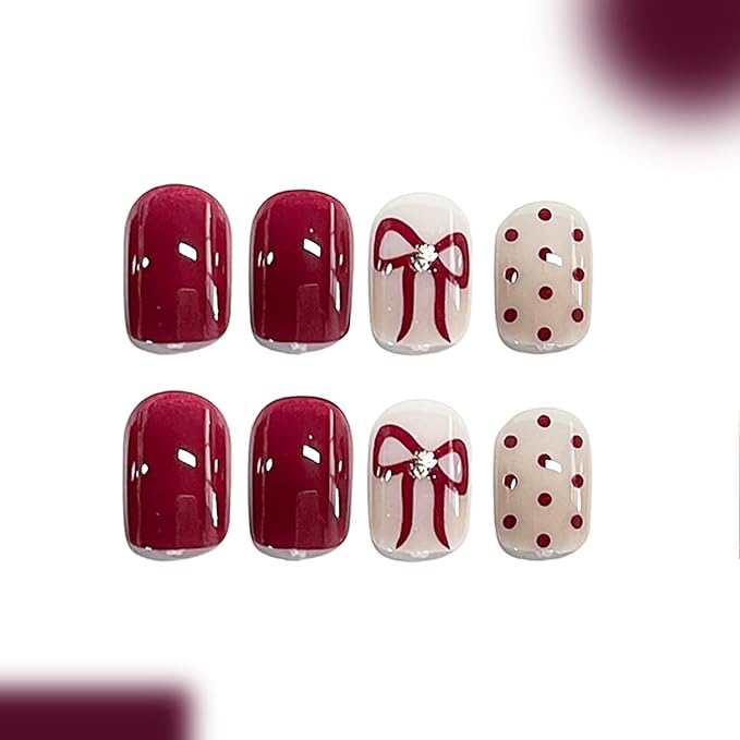 Valentines Press on Nails Extra Short Square MABKJLF Fake Nails False Nails with Wine Red Bow Polka Dots Rhinestones Designs Glossy Glue on Full Cover Acrylic Nails for Women Girls 24Pcs