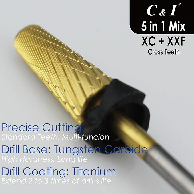 C & I 5 in 1 Nail Drill Bit, Mixed Sizes Edition, Cross Teeth, 2 Way, Professional Multi-function Nail Drills for Electric Manicure Drill Machine, Shank 3/32” (Mix, XC & XXF)