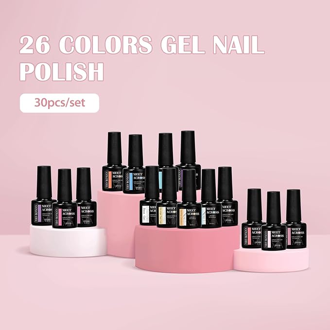 MEET ACROSS Nude Gel Nail Polish Set 26 Colors Gel Polish Pastel Green Sky Blue Lilac Purple Nail Polish DIY Manicure Gifts for Women 30Pcs*7ml