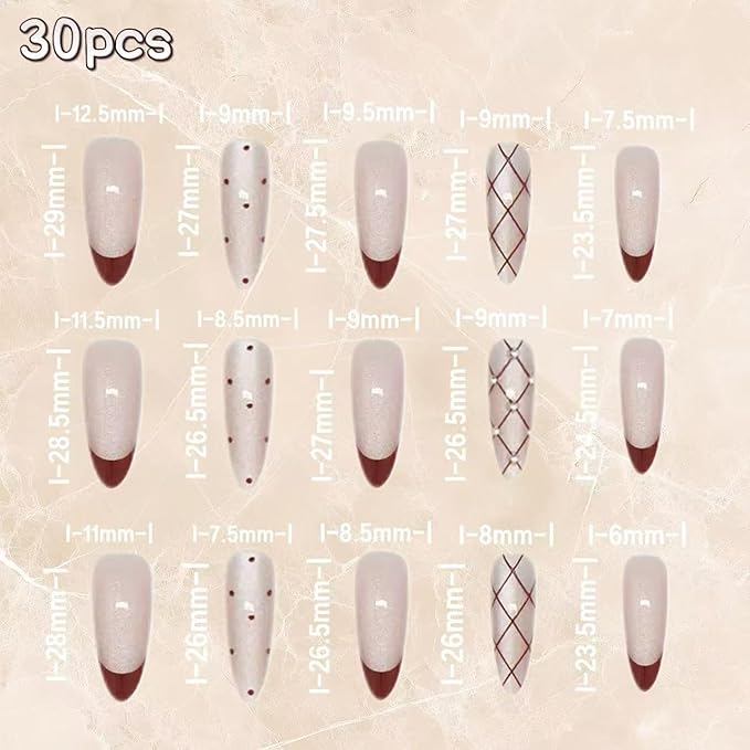 Press On Nails,Long Almond Red Glitter French Fake Nails for Women,30pcs with Jelly Glue,Reusable, Perfect for Holiday Parties or Gifts