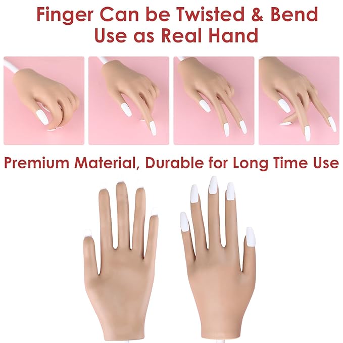 Acrylic Practice Hand Fake Nails Kit, BORNBYME Upgrade Nail Training Adjustable Finger Kits, Fake Nails Hands for Nail Beginner Practice with 200 PCS Nail Tips, White