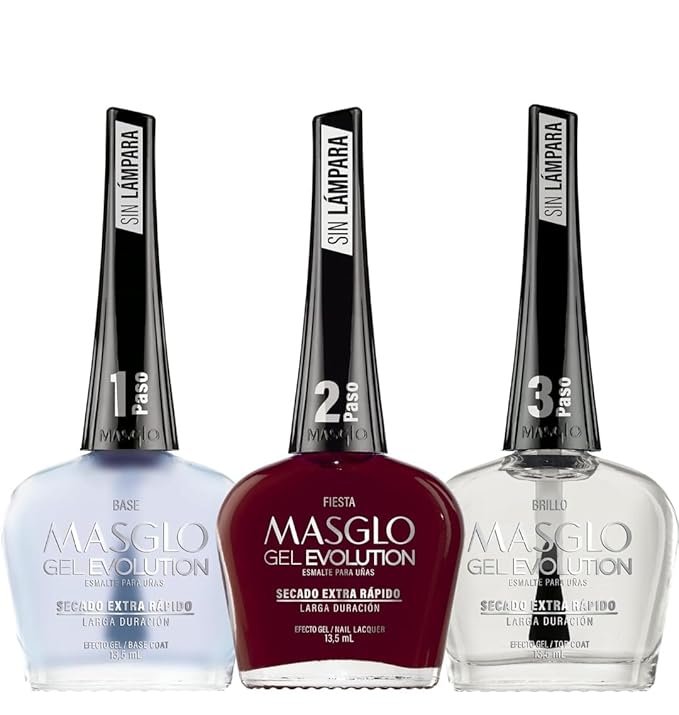 MASGLO GEL EVOLUTION Nail Polish Gel Effect, No UV/Led Lamp, Duration Up to 12 days, 3 PCs -Base, Esmalte Fiesta, Brillo - Efecto Gel sin necesidad de UV/Led, hasta 12 días de duración 0,5 Fl. Oz.